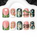 Handmade Square Press on Nails Green French Tip Short Stick on Nail 3D Silver Embossed Designs Luxury Rhinestone Pearl False Nails Muti-Layer Gel Acrylic Nails for Women Manicuare 10 Pcs（S)