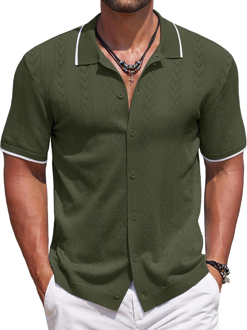COOFANDY Mens Knit Polo Shirts Button Down Short Sleeve Shirt Summer Casual Beach Vacation Tops (X-Large, Army Green)