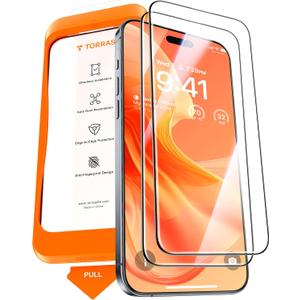 TORRAS Military-Grade Screen Protector for iPhone 15 Pro Max [9H+ Aerospace Tempered Glass＆12FT Shatterproof ] One-Step Installation Full Coverage Fit Bubble Free Top-Notch Protection, 2 Pack