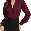 RIHOAS Women's Satin V-Neck Long Sleeve Button Down Shirt - Business Casual Dressy Blouse for Summer Fall Work & Daily Wear, Size M, Wine Red