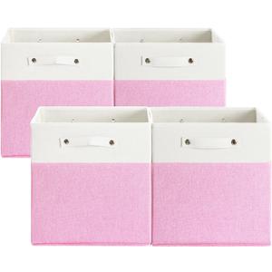 13 x 13 Inch Fine Linen Storage Bins with HandlesFabric Cube BoxsBasket Organizers for Shelves for Home, Closet Drawers (White/Pink-4 Pack)