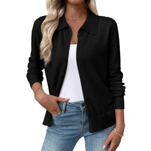EVALESS Cardigan Sweaters for Women Wool Blend Lightweight Trendy Long Sleeve Lapel Collar Button Down Sweater Cardigans (Black, M)