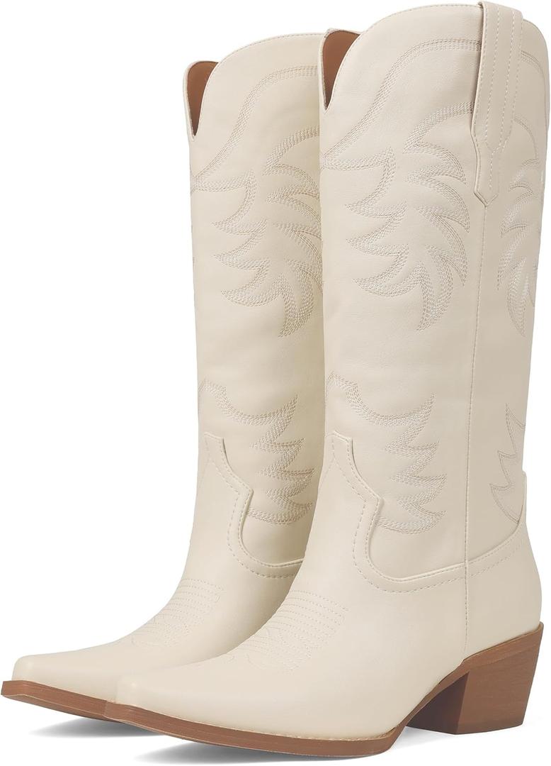 Erocalli Women's Mid-Calf Cowgirl Cowboy Boots Pull On Snip Toe Chunky Heel Western Boot (White)