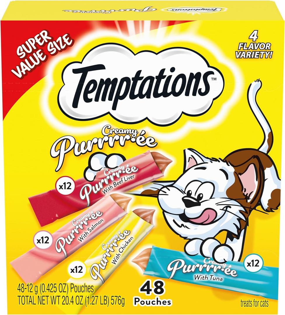 Temptations Creamy Puree Variety Pack of Lickable Cat Treats, 0.42 oz. Tubes, 48 Count (BB: 04/09/2026)