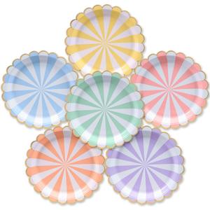 Party Paper Plates, 50-Pack, Disposable Paper Plates, Gold Foil Scalloped Edge, Striped Pastel, 6 Colors, 9-Inch