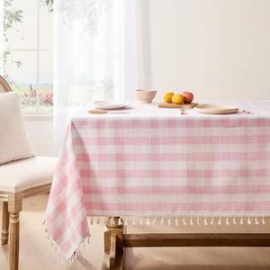 Softalker Pink Gingham Tablecloth Rectangle, Outdoor Linen Cotton Checkered Table Cloth with Tassel, Heavy Duty Wrinkle Free Buffalo Plaid Table Cover for Kitchen Dining Home Party  55 x 84 Inch