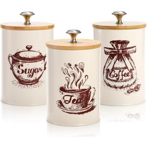 Youeon Small Canister Sets for Kitchen Counter, 25 Oz Coffee Sugar Tea Canister Set, Metal Vintage Kitchen Container 3 Pack, Food Storage Containers with Bamboo Lid, Farmhouse Decor, Beige
