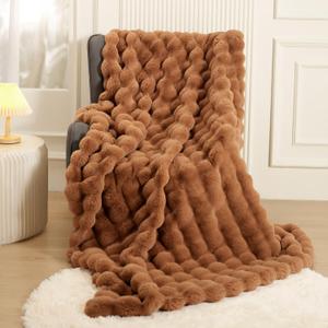 Super Comfort Oversized Warm Thick Bubble Luxury Plush Rabbit Faux Fur Throw Blanket, Fluffy Blanket,Soft Cozy Blanket for Couch Chair Bed Sofa Living Room,Brown 60'' x 80''