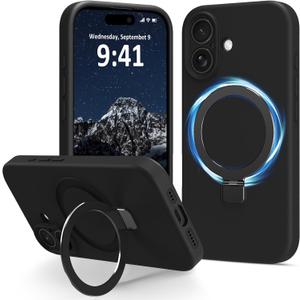 Compatible with iPhone 17 Case Stand, Slim Comfortable Liquid Silicone Phone Cases Fit for iPhone 17 Compatible with MagSafe Magnetic Ring Kickstand Stand Case Full Camera Protection, Black