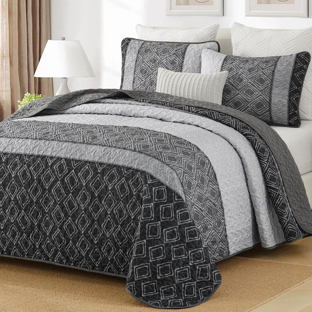 Cottolester Boho Quilt Set Full Size 3 Pieces,Grey Striped Plaid Bedspread,Soft Microfiber Bedding Set with 2 Pillow Shams 78"x90"