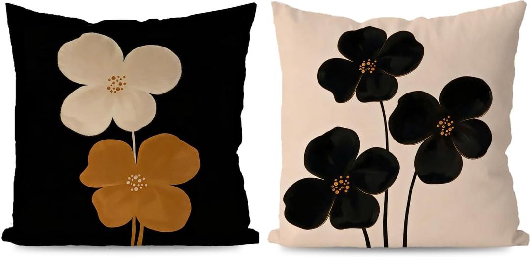 Mid Century Modern Boho Floral Pillow Covers 18x18, Modern Minimalist Abstract Moody Black Brown Floral Botanical Decorative Throw Pillow Covers for Home Bedroom Living Room, Set of 2