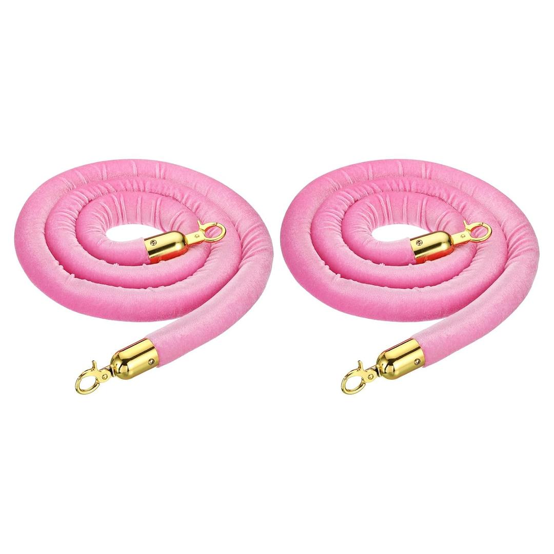PATIKIL 6 Feet Pink Velvet Stanchion Rope, 2 Pack Crowd Control Barrier Rope with Snap Hooks for Posts Stands Queue Divider of Hotel Theater, Golden