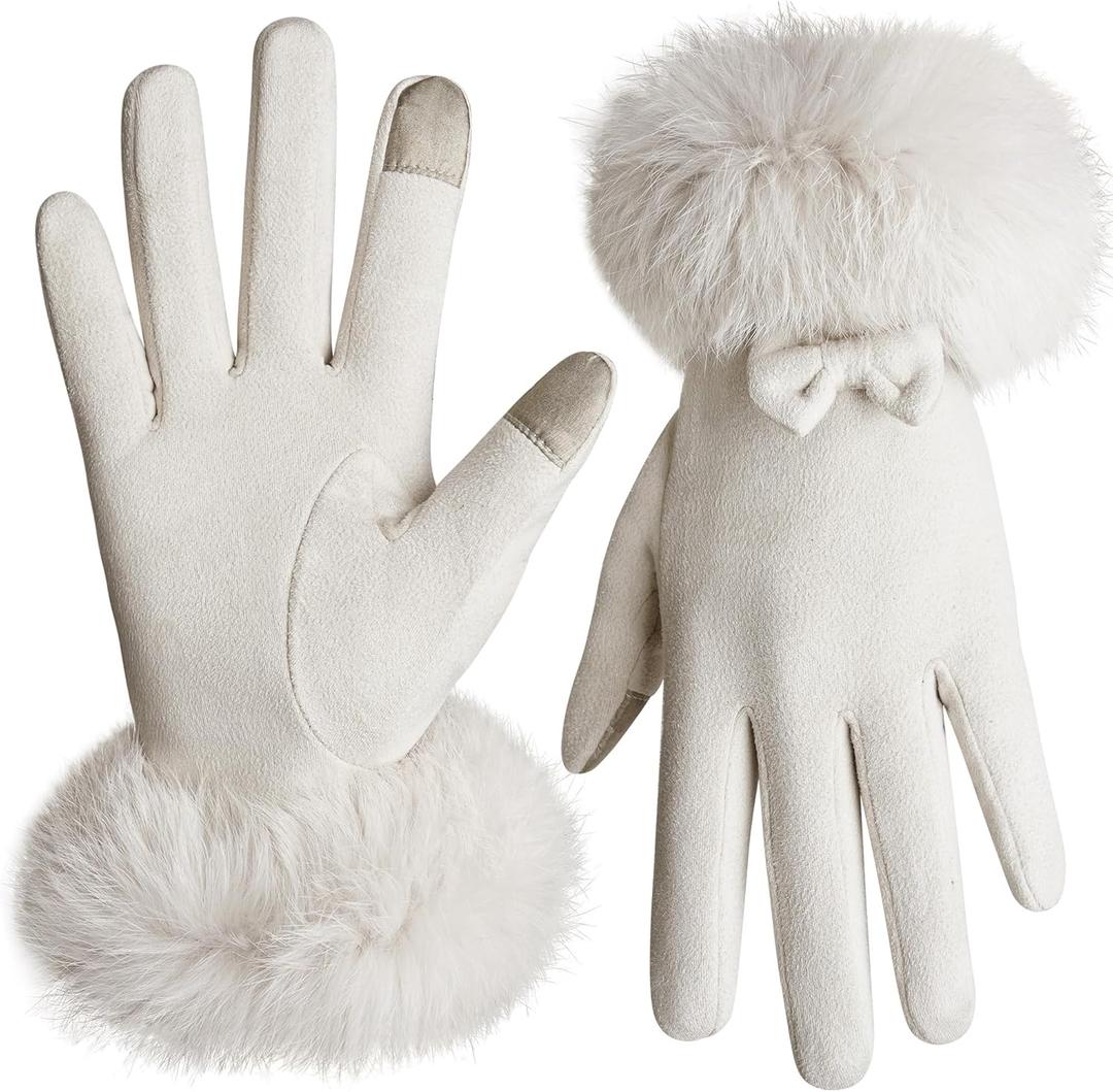 Vagasi Women Touch Screen Gloves, Fleece Lined Winter Gloves for Ladies, Thermal Suede Gloves Fur Cuff for Girls Gifts (Beige-white)