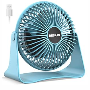 BESKAR USB Small Desk Fan, Portable Fans with 3 Speeds Strong Airflow, Quiet Operation and 360°Rotate, Personal Table Fan for Home, Office, Bedroom- 3.9 ft Cord/ Blue
