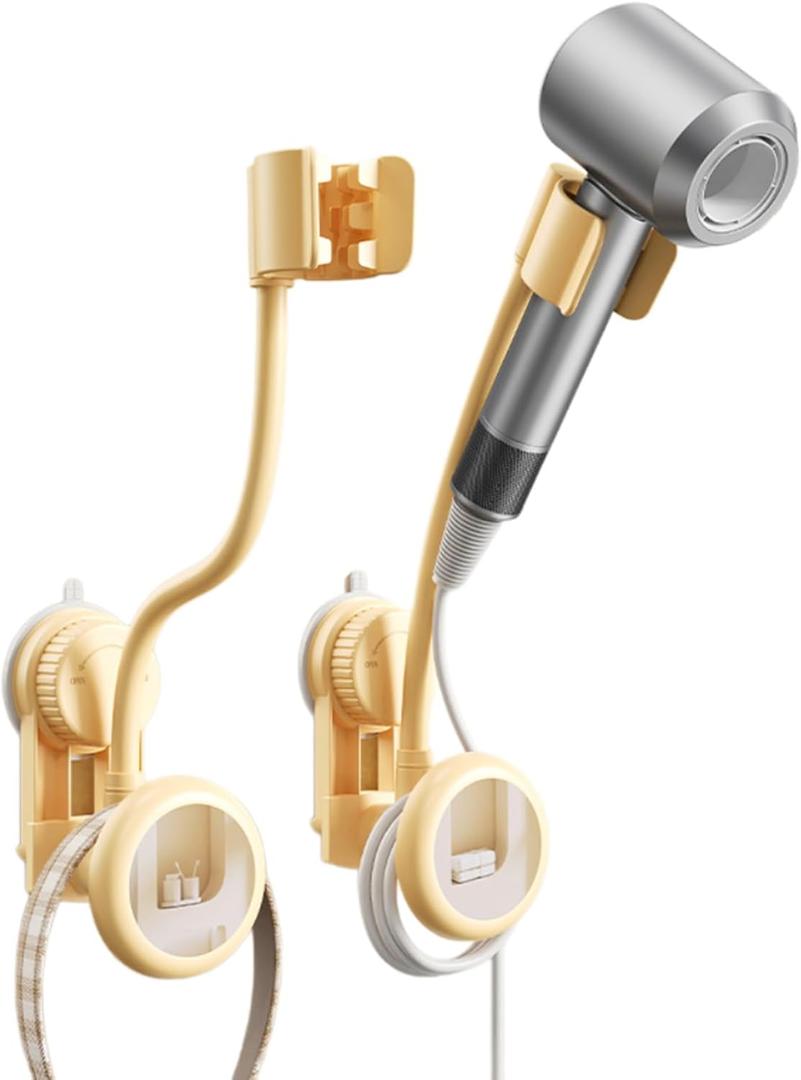 Hands-Free Hair Dryer Holder Wall Mounted with 360 Adjustable Hose, Suction Cup Installation, Built-in Mirror, and Cord Organizer for Blow Dryer, Curling Iron, No Drilling Required