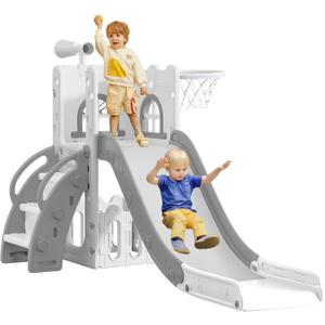 6 in 1 Toddler Slide,Kids Climber Slider for Indoor Outdoor Playground with Basketball Hoop,Storage and Telescope,L Shaped Slide for Toddler Climber Playset (Gray)
