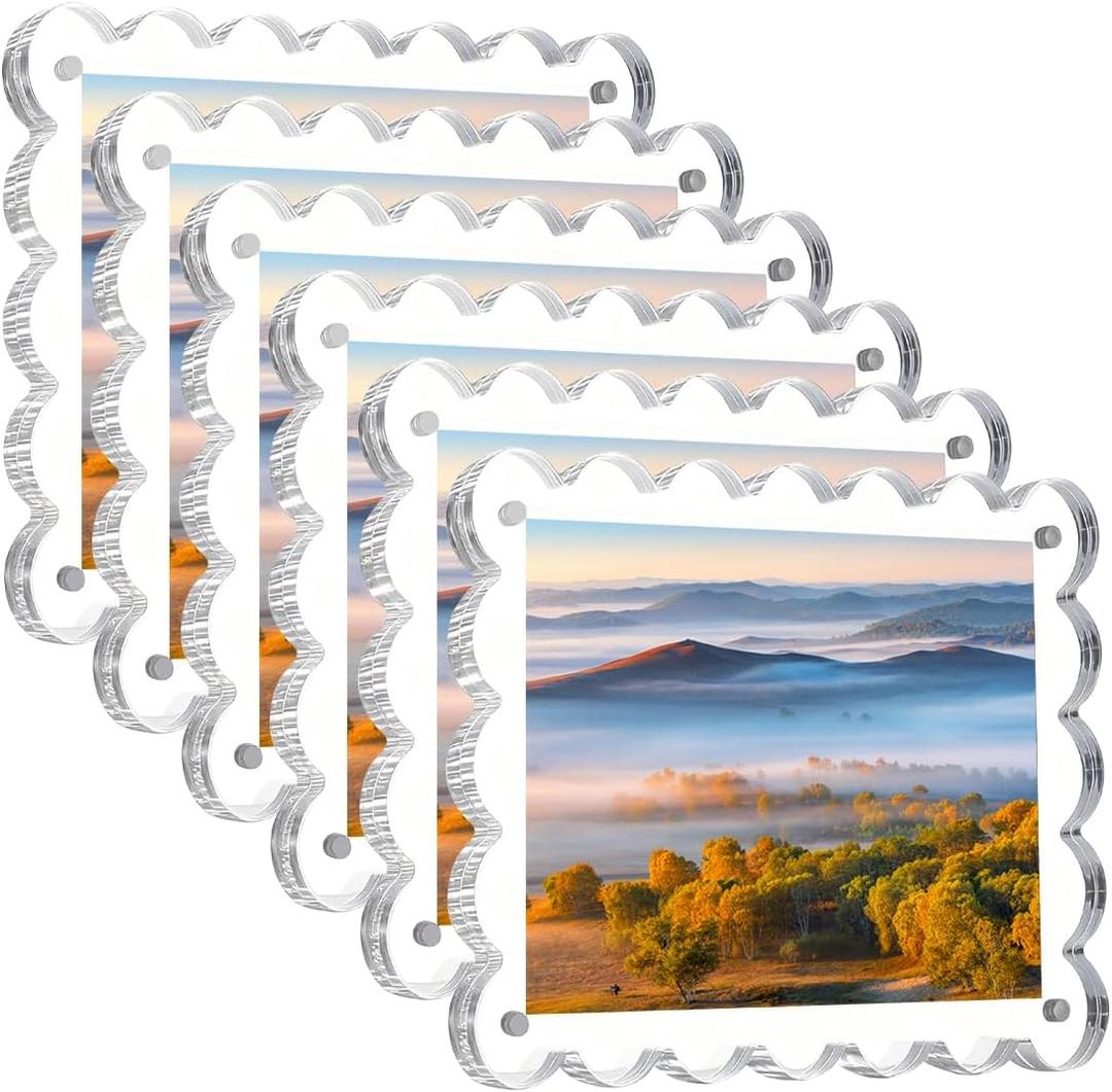 6 Pcs Acrylic Picture Frames, 55 Inch Square Magnetic Photo Scalloped Frames, 10+10mm Thick Block, Double Sided Magnet Frames, Clear Frameless Photo Display for Tabletop Displays