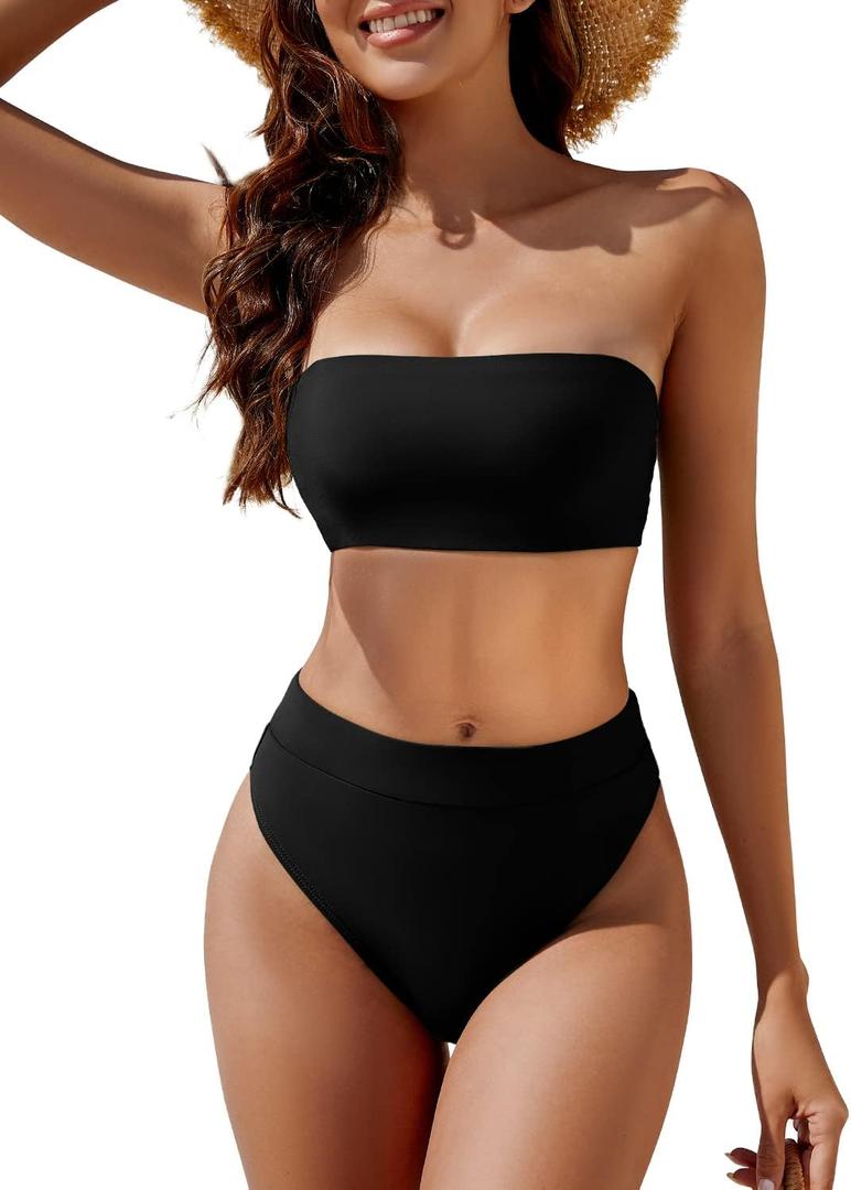 YACUN Women's High Waisted Bikini Swimsuit Two Piece Strapless Bandeau Cheeky Bathing Suits (Black, L)