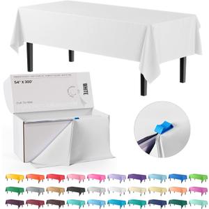 Party Solids 54 Inch X 300 Feet White Plastic Table Cover Roll in A Cut - to - Size Box with Convenient Slide Cutter. Cuts Up to 36 Rectangle 8 Feet Plastic Disposable Tablecloths