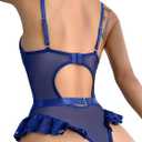 Lilosy Sexy Stocking Lace Mesh Bodysuit Top Underwire Garter Lingerie Set 3 Piece (Blue, L)