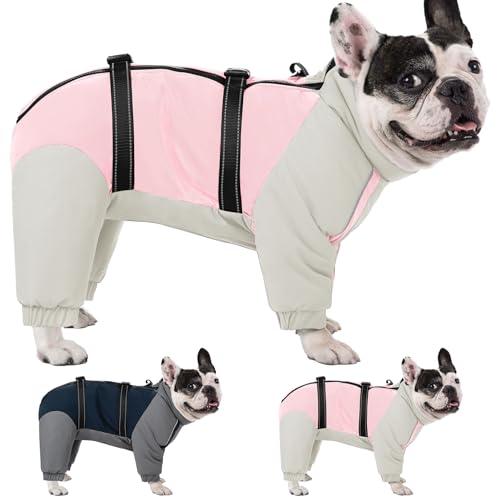 KOESON Four Legged Winter Coat, Warm Small Dog Jacket with Adjustable Buckles, Turtleneck Windproof Fleece Jackets, Reflective Fullbody Snowsuit Puffer Pink Grey S