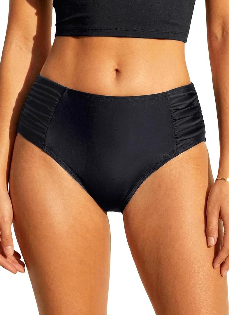 Tempt Me Women Bikini Bottoms Mid Waist Bathing Suit Swimsuit Ruched Swim Bottom (M, Black 1)