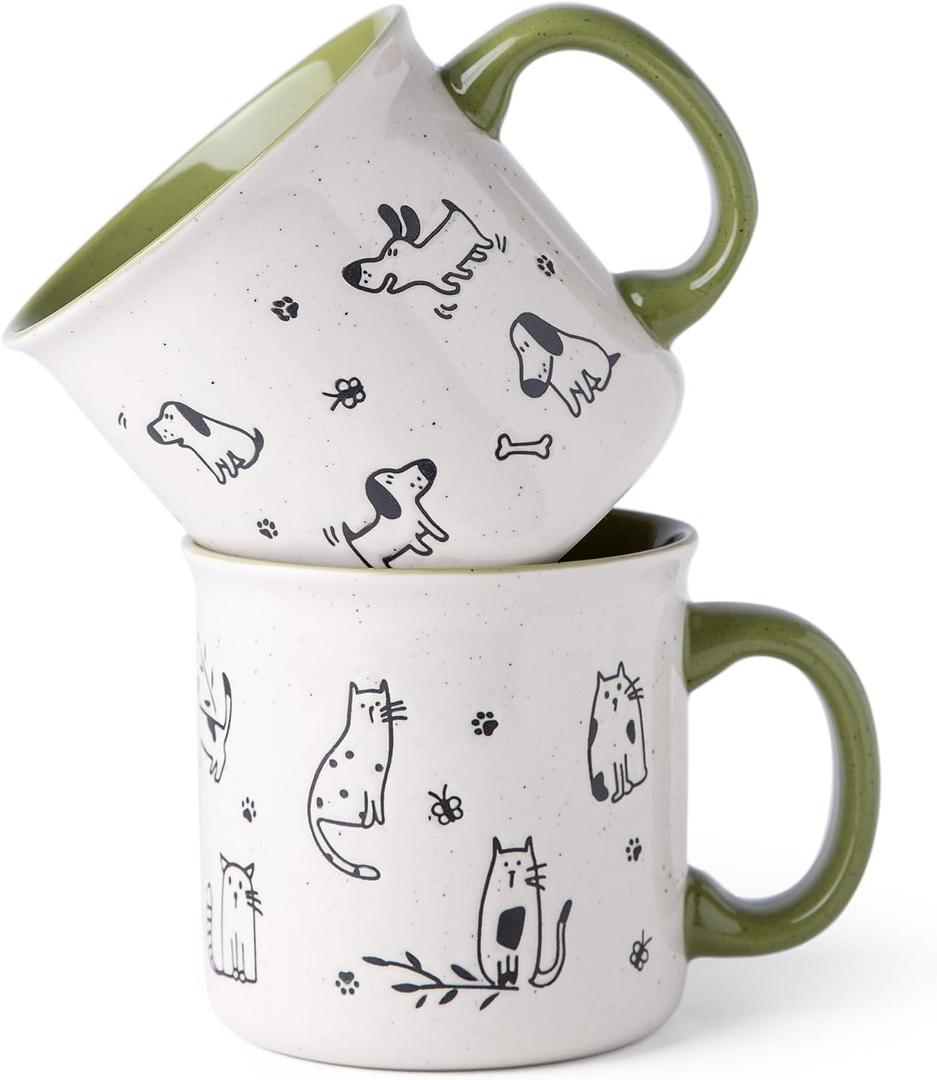 AmorArc 22 OZ Large Ceramic Coffee Mugs Set of 2, Oversized Mugs With Big Handle for Men Women Dad Mom, Big Mug With Textured Dogs Cats Patterns for Office & Home -Microwave Safe, 2 Pcs-Green