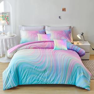 Full Size Comforter Sets for Girls 7PCS,Pink Bedding Sets,Bed Sets for Girls with Flat Sheet and Fitted Sheet,Pillowcases,Cushion Covers,Tie Dye Comforter Sets, Full-6pcs/7pcs