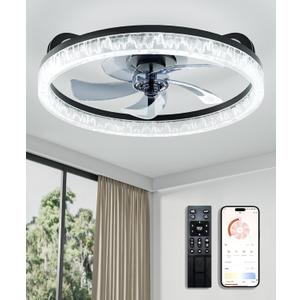 Low Profile Bladeless Ceiling Fan with Light and Remote, Flush Mount Dimmable LED Fandelier, Quiet 6-Speed Reversible Motor for Bedroom, Living Room, Modern Black