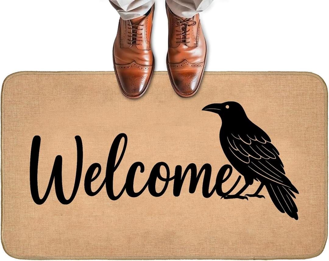 Gothic Raven Doormat for Front Door Outdoor Indoor, Non-Slip Welcome Mat with Vintage Style Black Crow, Entry Rug for Porch, Home, Office, Living Room, Bathroom Decor 29.5x17 Inch, Halloween