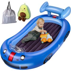 Blow up Inflatable Toddler Travel Bed with Sides, Toddler Air Mattress for Camping, Traveling, Hotel, or Home Use,Avocado Plush Toy Included (Snuggle Luxe, Blue)