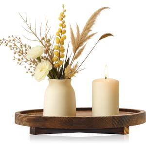 12 inch Large Round Decorative Tray Wood Bathroom Counter Organizer Farmhouse Kitchen Decor Wooden Riser for Perfume Soap Dish Wood Decorative Candle Holders for Home Decor Brown Table Centerpieces