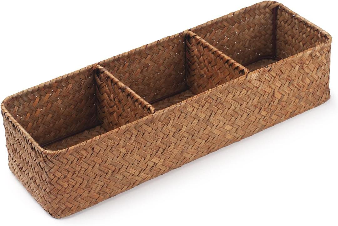 Seagrass Storage Basket 3 Sections Woven Shelf Baskets with Compartment (Natural, 14.6inch x 4.7inch x 3.1inch)