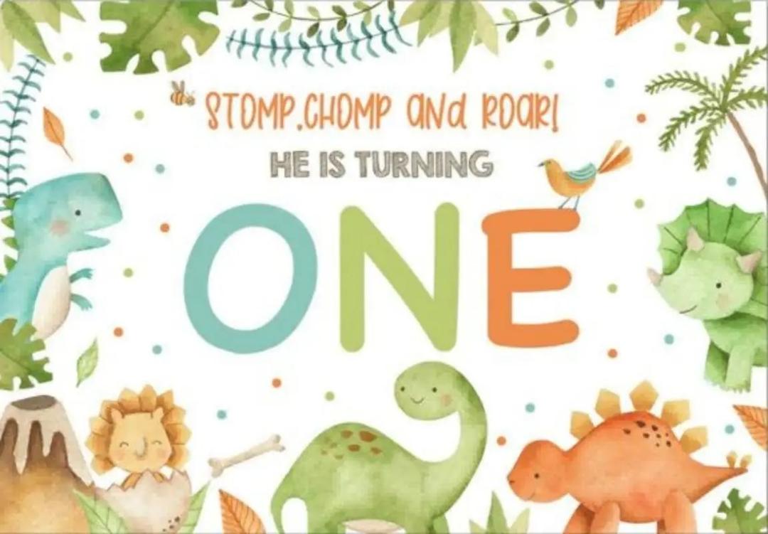 Rsuuinu Dinosaur Themed 1st Birthday Backdrop - Green Fabric - 7x5ft - No Stand Included
