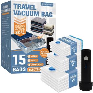 15 Pack Travel Vacuum Storage Bags with Rechargeable Wireless Electric Pump, Travel Packing Bags for Luggage and Suitcase, Carry-on Size Compression Space Saver for Clothes and Clothing