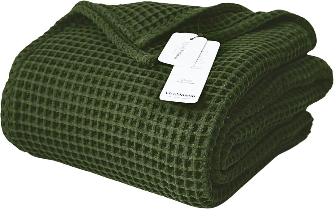 100% Turkish Cotton Waffle Throw Blanket King Size Green - Premium Quality, Light and Airy Waffle Weave All-Season Quilt - Lux Decorative Bedspread (Dark Green, King Size 95" x 110" Inch)