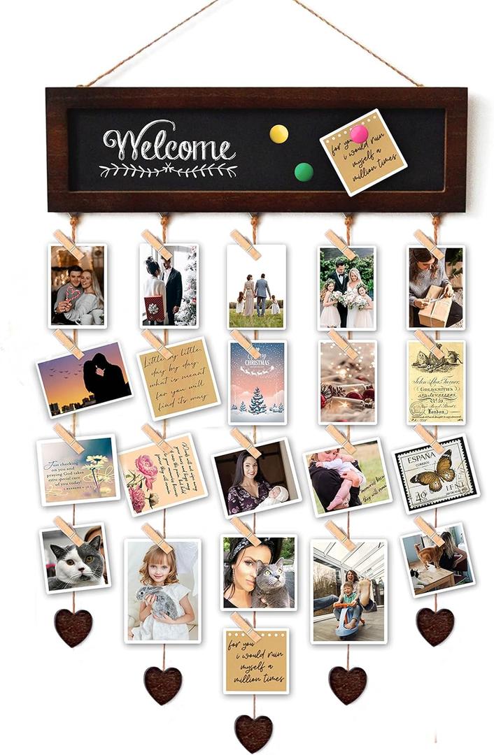 Picture Frames Collage Display Board with 30 Clips - Multi Photos Cards Organizer with Adjustable Twines and Magnetic Blackboard - DIY Wall Decor Hanging Picture Holder 15.7x5 Inches (Brown Walnut)