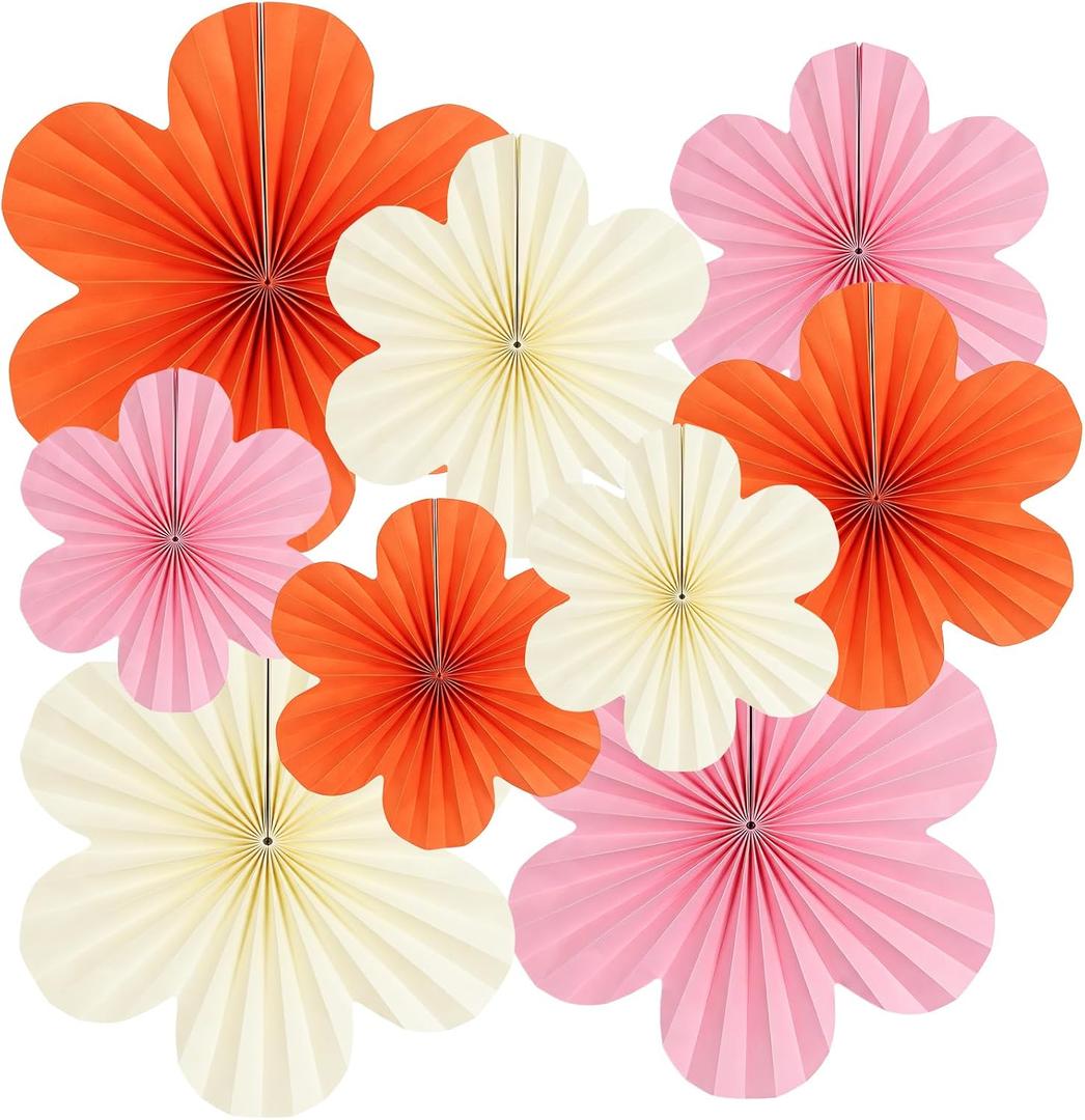 9 Pcs Paper Flowers Decoration Pink and Orange Party Decoration Paper Fans, Variety Pack