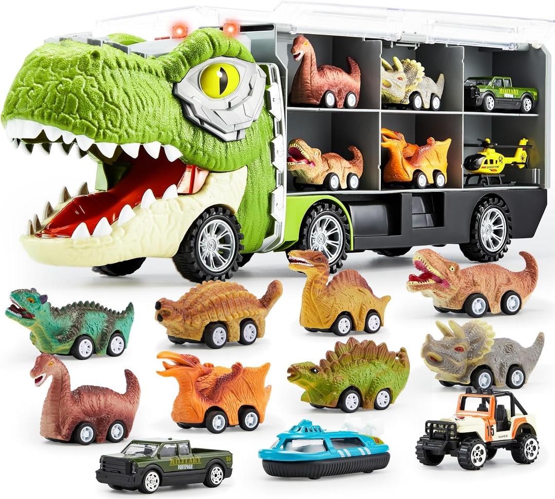 JOYIN 13 in 1 Dinosaur Toys for Kids 3-5, Dinosaur Truck with 12 Pull Back Cars, Birthday Gifts Toys for 3 4 5+ Year Old Boy, Transport Carrier Truck for Toddlers, Easter Kids Gifts
