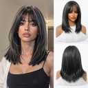 Shoulder Length Gray Highlight Wig with Bangs for Women  Natural Straight Layered Synthetic Wig, Heat Resistant, Fashion Medium Hair Wig for Daily Wear or Party (Style 4)