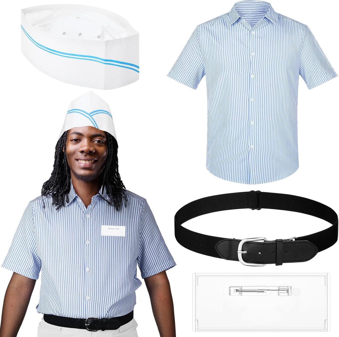 Seenelling 4 Pcs Burger Costume Striped Shirt Disposable Cook's Cap Belts Blank Badge for Men Women Halloween Movie Cosplay (Large)