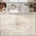 Area Rugs 9x12 Vintage Rug: Large Washable Living Room Rug Retro Medallion Distressed Soft Low Pile Non-Slip Indoor Floor Carpet for Bedroom Dining Table Office (BeigeBrown,9'x12')