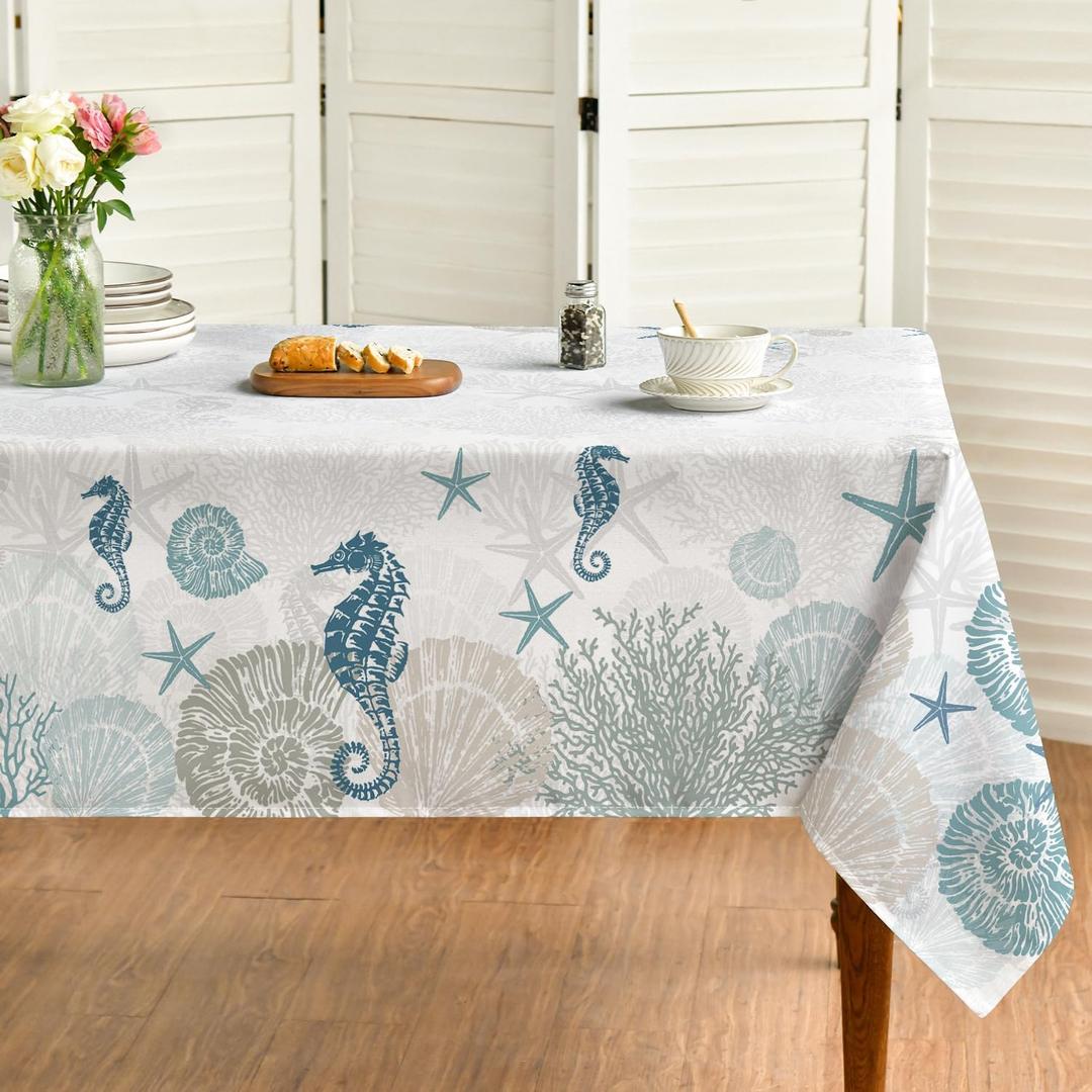 Horaldaily Summer Tablecloth 60104 Inch Rectangular, Sealife Hippocampus Starfish Seaweed Conch Blue Washable Seasonal Table Cover for Party Picnic Dinner Decor