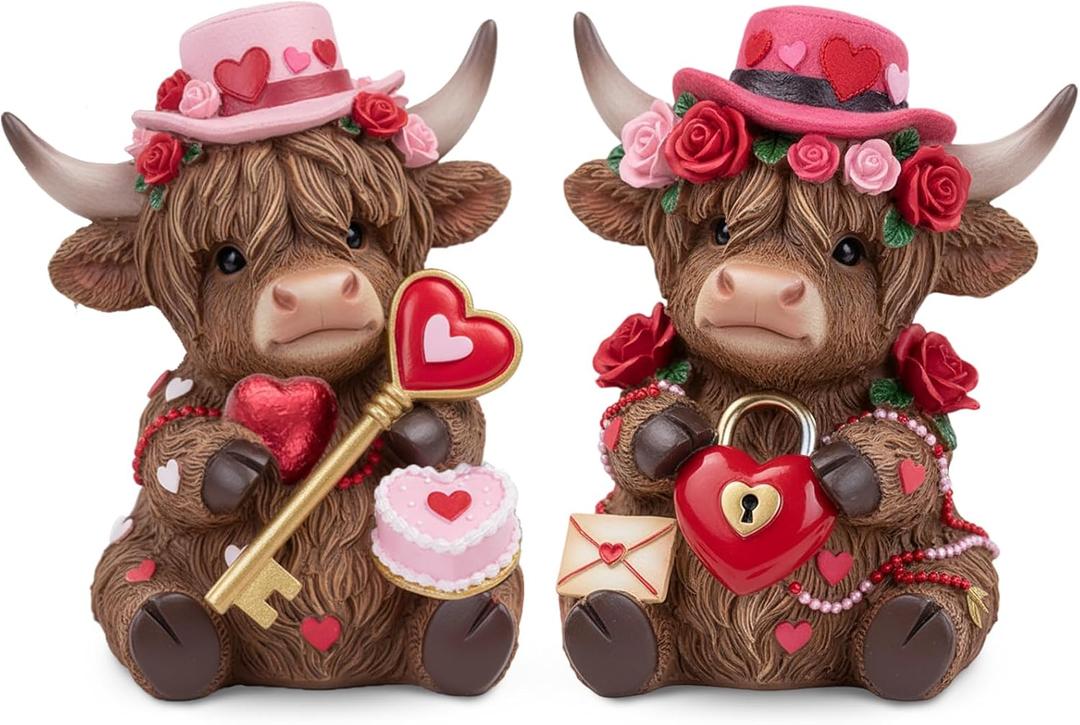 2 Pcs Easter Highland Cow Figurines Spring Decorations, Spring Eggs Bunny Resin Cow Decor for Calf Lovers Home Kitchen Office Table Tabletop Tiered Tray Mantle(Valentines)