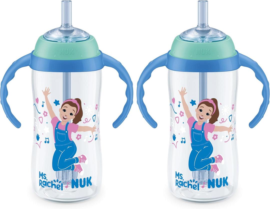 NUK First Choice Ms. Rachel Learner Straw Sippy Cup, 10 oz. Baby and Toddler Cup with Straw, Spill Proof, 2 pack