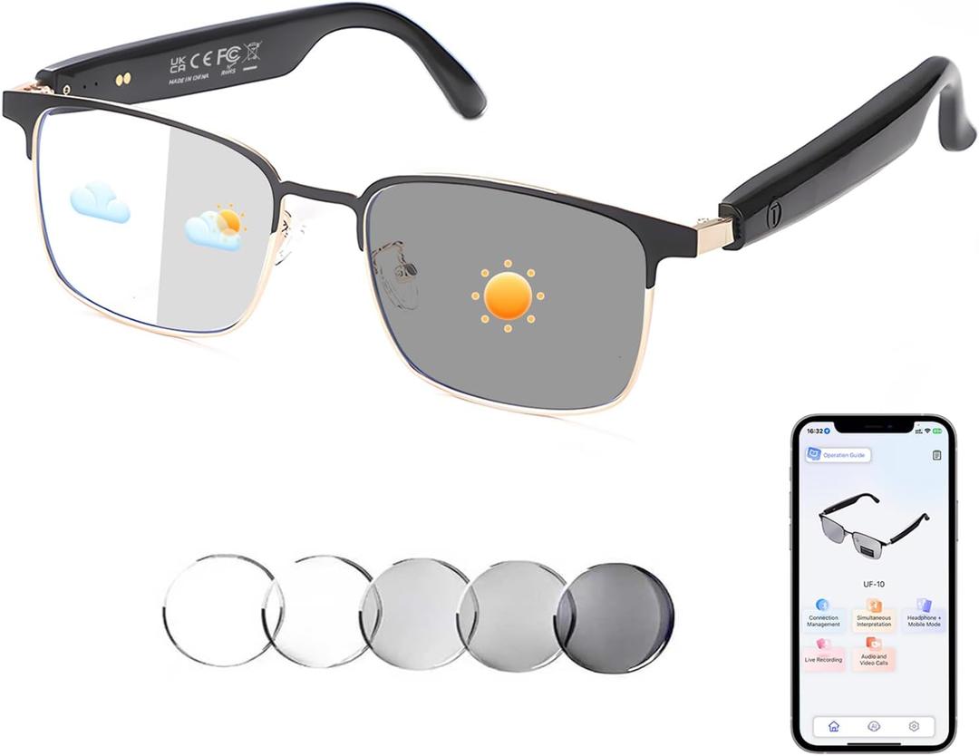 AI Translator Smart Glasses for Men Women, Bluetooth Audio Sunglasses with Photochromic Lenses, Photo Translation, No Subscription, Real-Time Translation(160+Languages) for Travel Business (Gold)