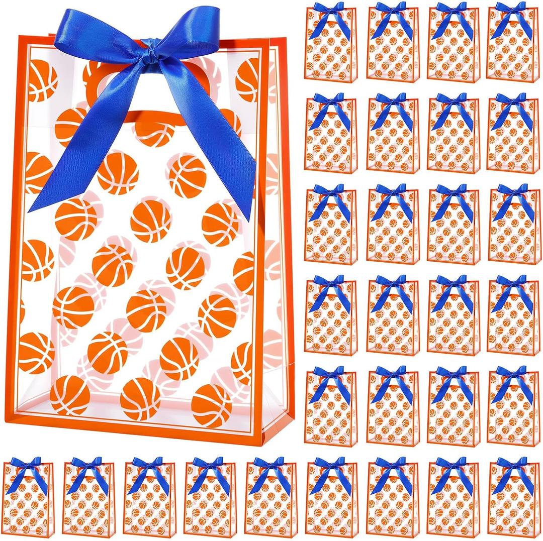 Resurhang 36 Pcs Basketball Clear Gift Bags with Handles and Ribbon, PP Basketball Goodie Bags, Clear Party Favor Bag for Team Party, Birthday, Sports Events, 10 x 7 x 3.15 in