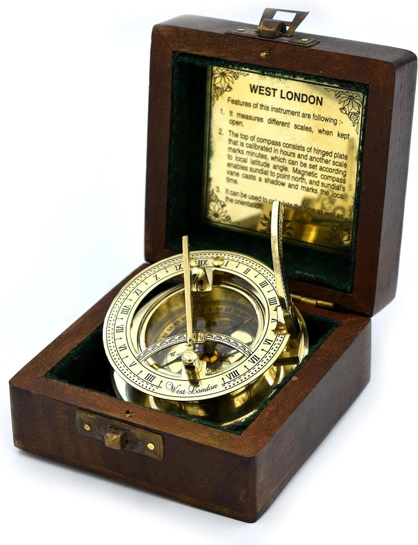 SARA NAUTICAL Antique Brass Sundial Compass, Sundial Clock in Box Gift Sun Clock Ship Replica Watch,Ship Decorations