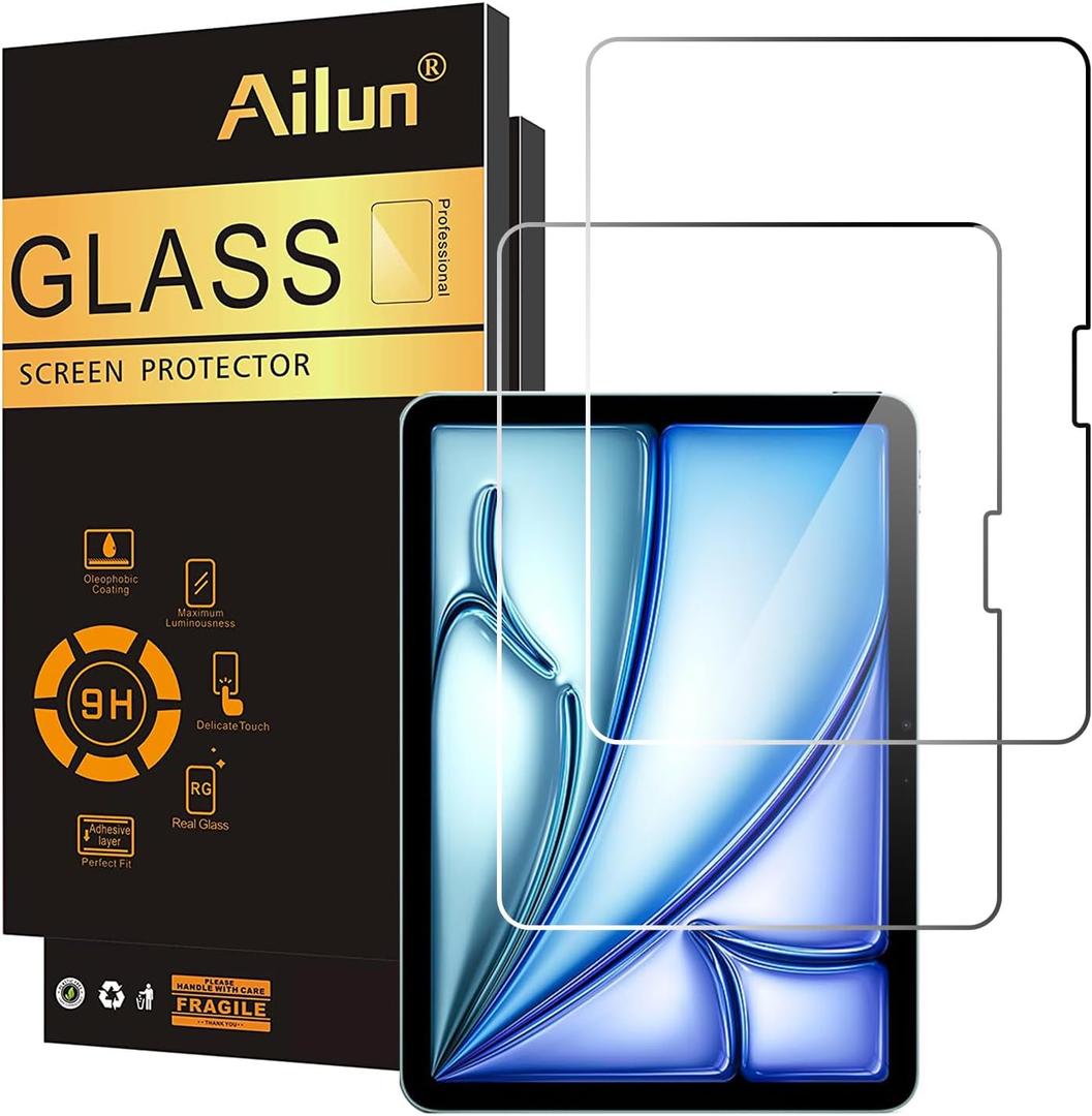 Ailun Screen Protector for iPad Air 11 Inch 2026/2025/2024 [8/7/6th Gen M4/M3/M2], iPad Pro 11 inch 2025/2024 [6/5th Gen M5/M4], Tempered Glass Face ID Apple Pencil Compatible Case Friendly 2 Pack