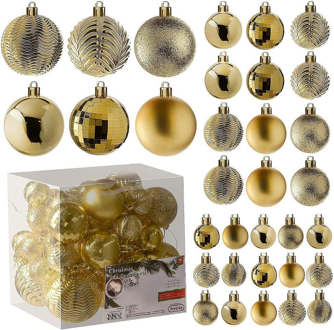 Prextex 36pc Shatterproof Christmas Ornaments Set - Gold Christmas Tree Decorations in 3 Sizes and 6 Styles - Hanging Balls with Loops in Matte, Shiny, and Glitter Finishes for Indoor-Outdoor Display